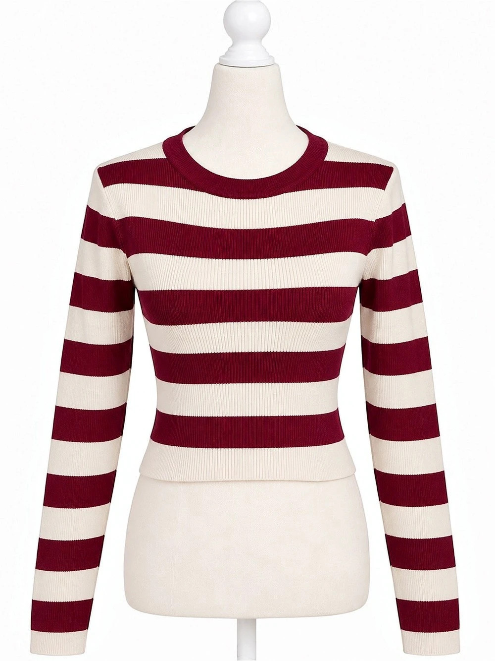 Zara S Burgundy Cream Striped Ribbed Knit Cropped Sweater Top Y2K Preppy Indie